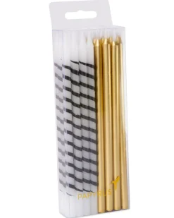 White and Black Stripe and Gold Birthday Candles, 24-Count